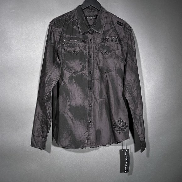 NWOT Affliction Black Premium Distressed Long Sleeve Shirt Razor Blade Size XL - Picture 2 of 14